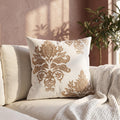 Gold thread embroidered cushion cover with damask floral motif on ivory base