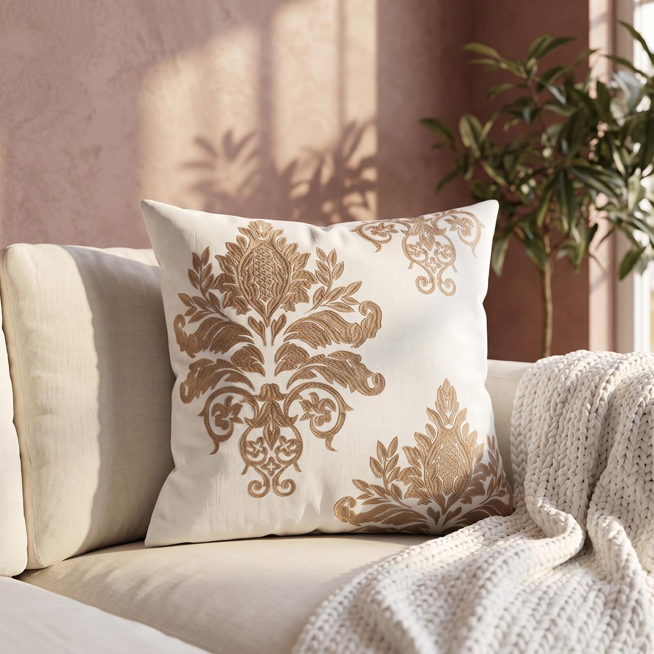 Gold thread embroidered cushion cover with damask floral motif on ivory base
