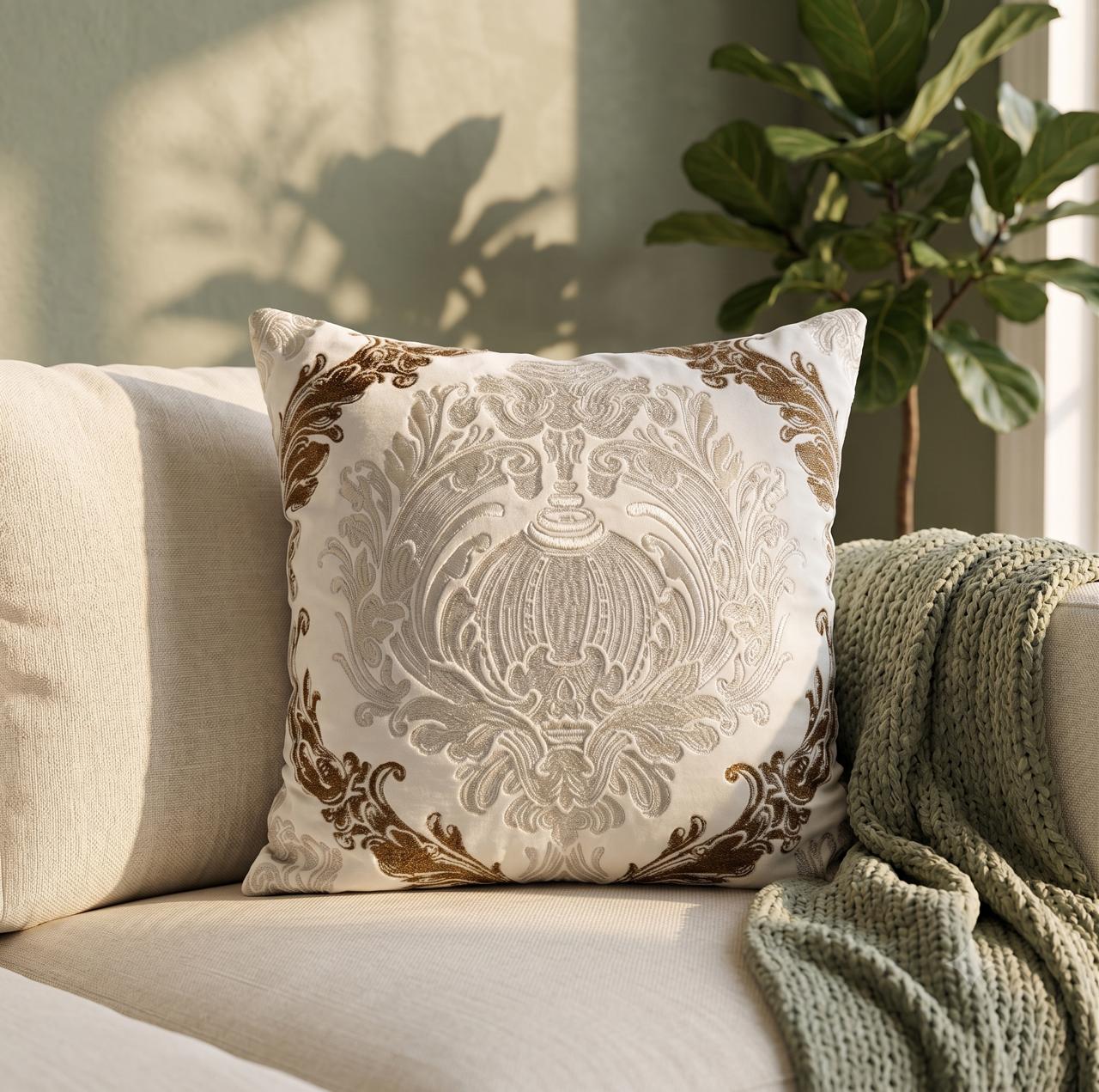 Silver and dull gold embroidered cushion cover with baroque medallion motif on ivory base