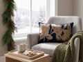 Gold embroidered lumbar cushion cover with floral motif on navy blue base
