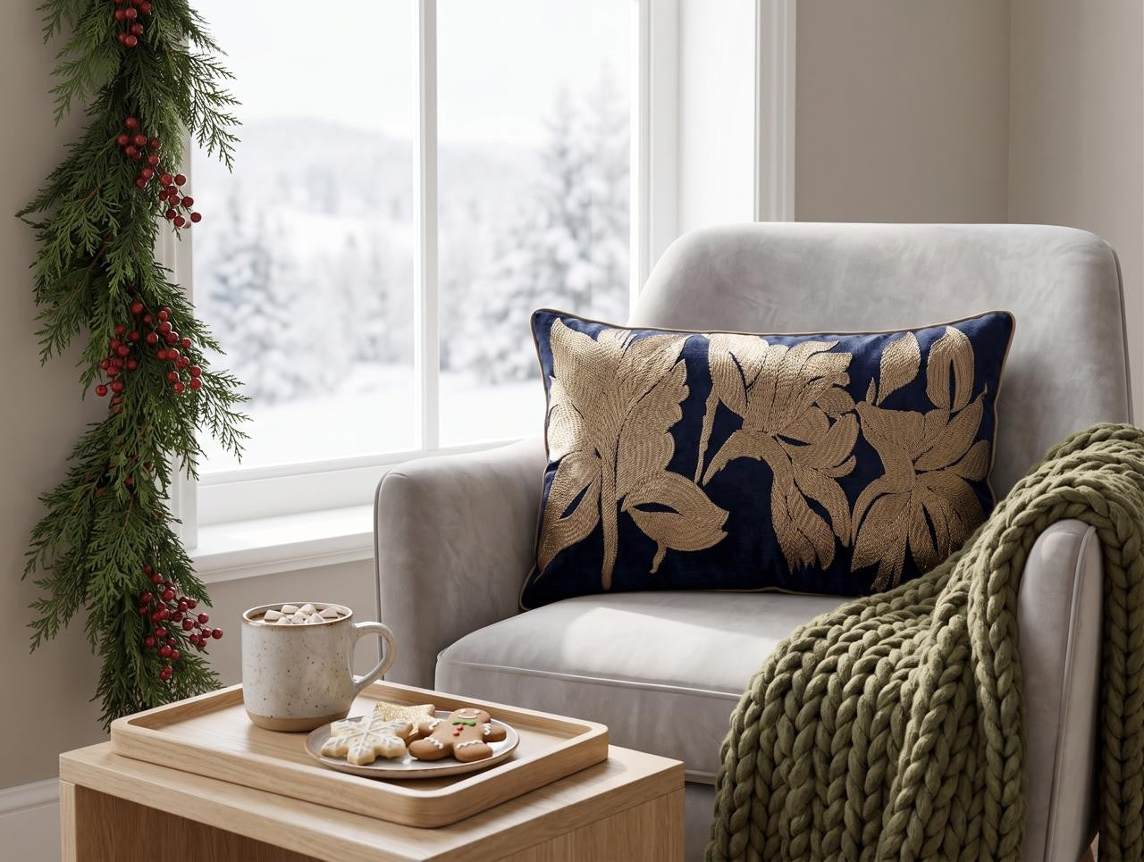 Gold embroidered lumbar cushion cover with floral motif on navy blue base