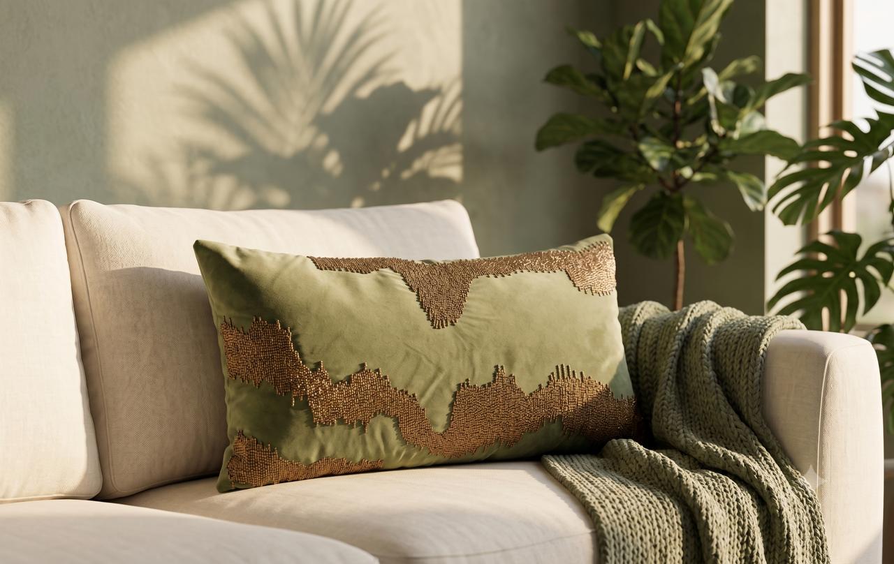 Olive green beaded lumbar cushion cover with gold abstract wave embroidery
