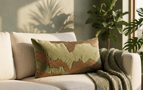 Olive green beaded lumbar cushion cover with gold abstract wave embroidery
