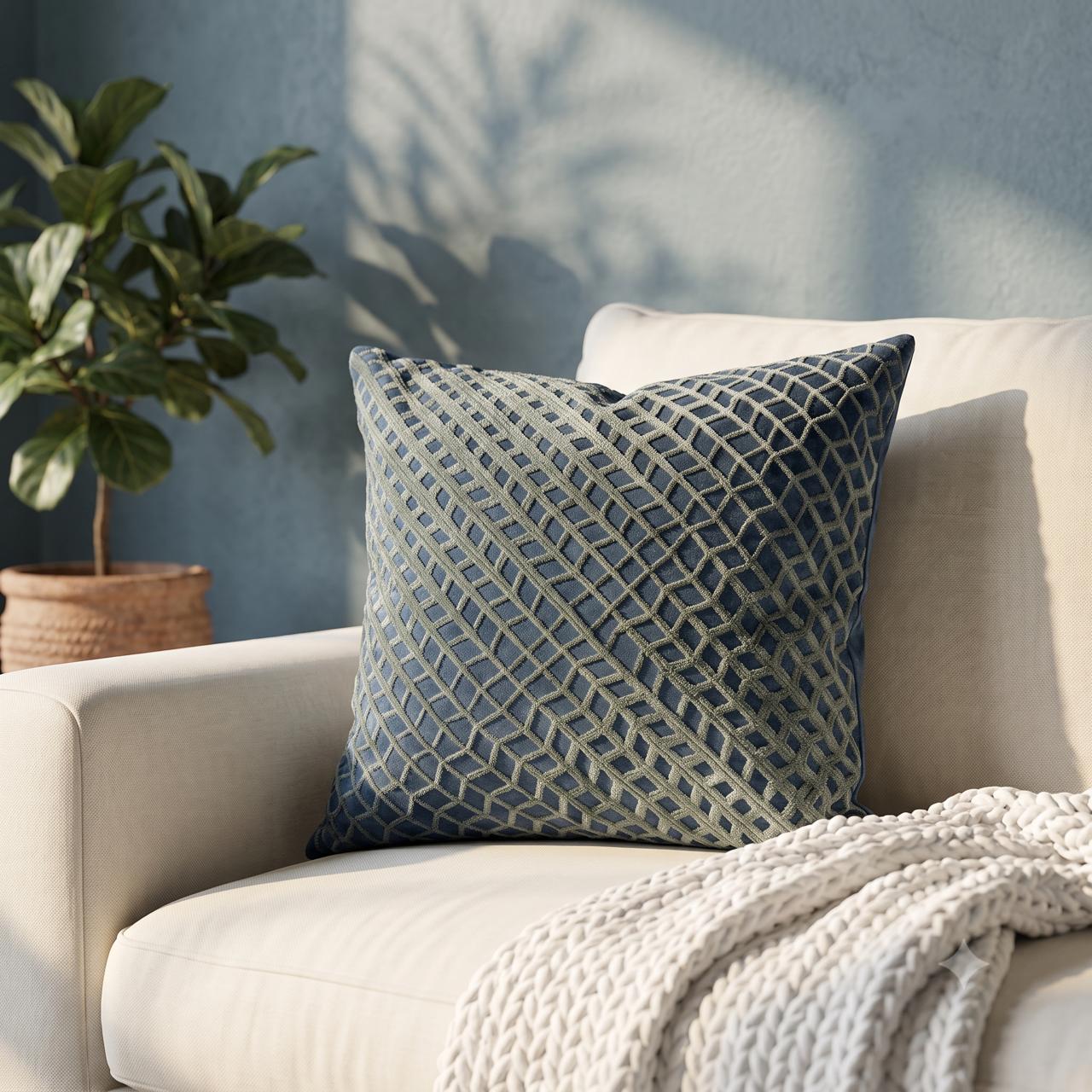 Silver lattice geometric embroidered cushion cover on steel blue velvet base